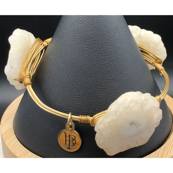 Bourbon & Boweties Bracelet Milky Quartz Slabs Gold Tone Wire Wrapped Bangle - Picture 2 of 7